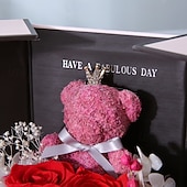 baratos arte faça você mesmo-Presentes para mulheres, urso de musgo com rosa vermelha preservada e colar, presentes românticos e eternos para o Dia dos Namorados com caixa de presente, caixa de joias com rosas para mães e