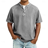 Χαμηλού Κόστους βασικά μπλουζάκια-Ανδρικά Μπλουζάκι Πουκάμισο Henley Πουκάμισο 100% Cotton Acid Wash Μπλουζάκι μπλουζάκι Κοντομάνικο Σκέτο Βίντατζ Κομψό στυλ street Καθημερινό Πλυμένο Μανίκια Ρεγκλάν Όρθιος Γιακάς Χένλι Causal