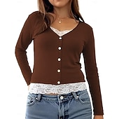 baratos Camiseta lisa-Mulheres Blusa Renda Patchwork Botões Côr Sólida Elegante à moda Casual Manga Longa Decote V Tops regulares Diário Preto Rosa Vermelho Marron Verde Primavera Outono Inverno