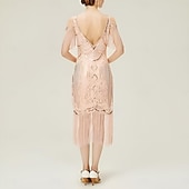 cheap 1920s Dresses-Roaring 20s 1920s Knee Length Short Length Dress Wedding Party Bachelor Party Cold Shoulder The Great Gatsby Wedding Guest Sequins Sequin Tassel V Neck Fancy Dress Women's Christmas New Year Evening