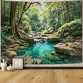 billige landskapsteppe-rolig skogbekk-teppe, fosser og krystallklart tjern, beroligende veggkunstdekor til hjemmet, perfekt som aksent på soverommet eller stuen