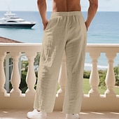 cheap Holiday-Men's Linen Pants Trousers Summer Pants Baggy Pants Beach Pants Drawstring Elastic Waist Solid Color Comfort Breathable Daily Outdoor Beach Vacation Fashion Light Khaki Black Inelastic
