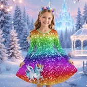 billiga Enhörningsklänning i 3D-Flickor 3D Grafisk Anime Klänning Långärmad 3D-tryck Vår Höst Prestanda Semester Fest Ledigt Prinsessa Skön Barn 4-12 år Vardagsklänning A linjeklänning Knälång Normal