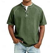 Χαμηλού Κόστους βασικά μπλουζάκια-Ανδρικά Μπλουζάκι Πουκάμισο Henley Πουκάμισο 100% Cotton Acid Wash Μπλουζάκι μπλουζάκι Κοντομάνικο Σκέτο Βίντατζ Κομψό στυλ street Καθημερινό Πλυμένο Μανίκια Ρεγκλάν Όρθιος Γιακάς Χένλι Causal