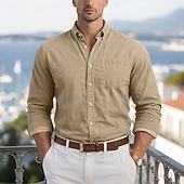 baratos camisa de botão masculina-Homens Camisa Social Camisa casual camisa de botão Azul Marinha Caqui Cinzento Azul Claro Manga Longa Tecido Lapela Casual Diário Bolso frontal Roupa Elegante Moda Casual