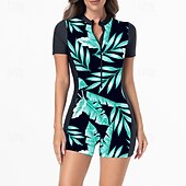 preiswerte One Pieces Rash Guards-Damen Anti UV Shirt Badeanzug Einteilige Patchwork Tropisch Leoprint Reißverschluss Spandex UV Schutz Hohe Elastizität Kurzarm Bademode Surfen Tauchen Schnorcheln Sommer