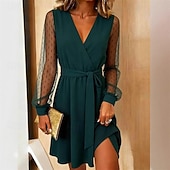 billiga Chiffongklänningar-Dam Mini klänning Svart klänning Chiffongklänningar Elegant klänning Elegant Mode Klassisk Dagligen Utomhus Kontor Normal Slät Långärmad V-hals Svart Rubinrött Grön Sommar Vår