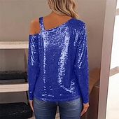 preiswerte Schicke Blusen-Damen Bluse Elegante Oberteile Pailletten-Oberteile Gerafft Pailletten Patchwork Einfarbig Einfach Elegant Vintage Stilvoll Langarm Asymmetrisch Normale Oberteile Täglich Arbeit Ausgehen Blau Schwarz