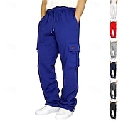 abordables Carga-Men's Cargo Pants Sweatpants Trousers Straight Leg Sweatpants Drawstring Pocket Elastic Waist Plain Comfort Wearable Daily Outdoor Holiday Fashion Classic Style Black White