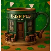  Taza de café de resina 3D de pub irlandés, regalo del Día de San Patricio, estilo trébol, vajilla verde para festivales irlandeses, taza vintage de duende para pub, bar, regalo para fiestas navideñas.