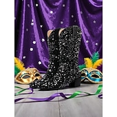 economico Scarpe da donna-Stivali western in paillettes viola da donna per il Mardi Gras con tacco a blocco design luccicante perfetti per Carnevale feste e abbigliamento da festival