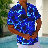 preiswerte Geometrische Muster-Herren Blitz Abstrakt Neonleuchten Hemd Sommerhemd Knopfhemd Kurzarm Modisch lässig Outdoor Urlaub Alltagskleidung Sommer Frühling Umlegekragen 3D-Druck Hemden mit Kragen Eine Tasche vorne Blau