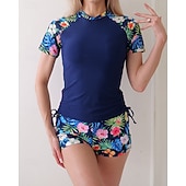 Χαμηλού Κόστους Rash Guards One Pieces-Γυναικεία Προστατευτικά Μαγιό με φλοράλ print Μαγιό Φλοράλ Πολύ Ελαφρύ (UL) Προστασία UV Ελαστικό Κοντομάνικο Μαγιό Σέρφινγκ Ψαροντούφεκο Καλοκαίρι