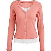 baratos Camiseta lisa-Mulheres Blusa Renda Patchwork Botões Côr Sólida Elegante à moda Casual Manga Longa Decote V Tops regulares Diário Preto Rosa Vermelho Marron Verde Primavera Outono Inverno