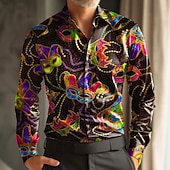 levne Pánská saténová košile-Mardi Gras Pánské Barevná Karneval Maska s peřím Košile Saténová košile Košile k obleku Dlouhý rukáv Móda pro volný čas Párty Dovolená Léto Jaro Přehnutý 3D tisk Košile na knoflíky Černá Fialov