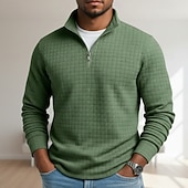 Недорогие Вафельная трикотажная футболка-Муж. Вафельный тройник Футболка Футболка с четвертью молнией Длинный рукав Воротник-стойка Осень Зима Весна &amp; осень Сплошной цвет Клетчатый Вязаная одежда Повседневные На каждый день Застегнуться