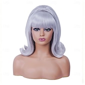 cheap Historical Wigs-Vintage Short Wavy White Silver Wig with Bang Retro Bouffant Beehive Wigs fits 80s Costume or Halloween Party