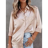 baratos Blusas Simples-Mulheres Blusa Botões Côr Sólida Elegante Diário à moda Manga Longa Colarinho de Camisa Tops regulares Diário Azul Preto Branco Vinho Bege Verão Outono