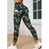  St. Patrick Women's pilates leggings fitness pants Gym Leggings Pockets Stamp Duty Side Pockets Pilates Gym Gym Workout Tights Leggings Bottoms Trees / Leaves Clover Green and Black Dark Green Sports