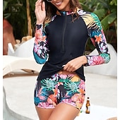 preiswerte One Pieces Rash Guards-Damen Anti UV Shirt Badeanzug mit Blumenmuster Badeanzug Bedruckt Reißverschluss Boyleg Ultraleicht (UL) UV Schutz Elastisch Langarm Bademode Surfen Schnorcheln Frühling
