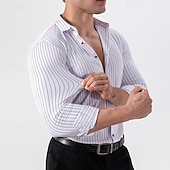 abordables camisas de hombre sin planchar-Hombre Camisa Camisa para Vestido Abotonar la camisa A Rayas Diario Negocio Bleu Ciel Negro Blanco Rojo Manga Larga Cuello Vuelto Todas las Temporadas Ropa Retazos