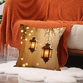 baratos Jogue travesseiros, inserções e capas-Capa de almofada decorativa para o Ramadã e Eid, lua crescente dourada &amp;Almofada de sofá em estilo étnico com estampa de lanternas, decoração para festivais do Oriente Médio, ideal para sala de estar