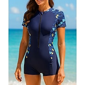 halpa One Pieces Rash Guards-Naisten Ihottumissuoja Uimapuku One Pieces Painettu Sulkea jnk vetoketju Boyleg-alushousut UV suoja Elastinen Lyhythihainen Uima-asut Lainelautailu Hiekkaranta Uinti Kesä