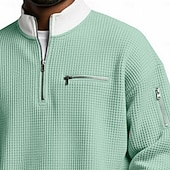 cheap Waffle Knit Tee-Men's Waffle T-shirt T Shirt Long Sleeve Half Zip Fall Fall &amp; Winter Solid Color Traditional / Vintage Casual Color Block Zipper Pocket Casual Home Outdoor Light Blue Black Green Top Tee for Men