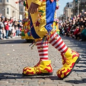 economico Scarpe da uomo-Scarpe da clown colorate da uomo da Mardi Gras gialle e rosse con design a fiamma perfette per carnevale performance di clown e feste in costume