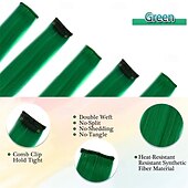  Zielone Peruki Zielone Przedłużenia Włosów Na Klipsy - Kolorowe Zielone Przedłużenia Włosów dla Kobiet - 22 Calowe 12 PCS Kolorowe Podkreślenia Włosów Proste Syntetyczne Pasma