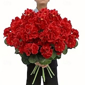 levne Umělé květiny-6 větví, kytice z umělých pelargónií odolných proti UV záření, 30 stonků/větví, zářivě červené květy s bujným zeleným olistěním, realistická plastová dekorace do interiéru/venkovního prostředí,