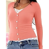 baratos Camiseta lisa-Mulheres Blusa Renda Patchwork Botões Côr Sólida Elegante à moda Casual Manga Longa Decote V Tops regulares Diário Preto Rosa Vermelho Marron Verde Primavera Outono Inverno