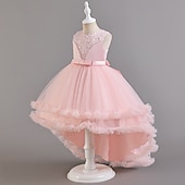voordelige Bloemenmeisjes Jurken-Bloemenmeisjesjurk, communiejurk, formele jurk voor meisjes, trouwkleding, feestkleding, formele mode voor bruiloften, schattige patchwork, mesh, effen kleur, mouwloos, ronde hals, geel, roze, 4 jaar