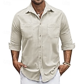abordables camisa con botones para hombre-Hombre Camisa Camisa de verano Camisa casual Camisa de playa Camisa de Pana Abotonar la camisa Blanco Manga Larga Color sólido Diseño Casual Diario Bolsillo Ropa Moda Casual Cómodo