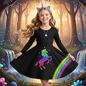  Flickor 3D Grafisk Regnbåge Enhörnings Klänning Långärmad 3D-tryck Vår Höst Prestanda Semester Fest Ledigt Prinsessa Skön Barn 4-12 år Vardagsklänning A linjeklänning Knälång Normal