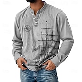 preiswerte Vintage&amp;amp;Retro-Herren Nautisch Segelboot Henley Hemd T-Shirt Langarm Täglich Retro Vintage Lässig Lässig Ferien Ausgehen Frühling Frühling &amp; Herbst Ganzjahres Grau Hellblau Purpur Khaki Henley Henley T-Shirt