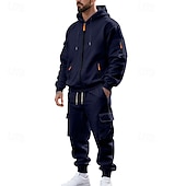 baratos Basic Tracksuits-Men's Hoodie Tracksuit Hoodie &amp; Pants Set Hoodie Daily Outdoor Vacation Daily Wear Drawstring Zip Up Plain Black Navy Blue Khaki Activewear Sports Fashion Fall