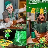 abordables Día de San Patricio-100 monedas de oro para el Día de San Patricio, monedas de la suerte de oro y verde, monedas de duende de trébol de plástico, moneda de trébol de 3 hojas para decoración de fiestas.