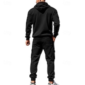 baratos Basic Tracksuits-Men's Hoodie Tracksuit Hoodie &amp; Pants Set Hoodie Daily Outdoor Vacation Daily Wear Drawstring Zip Up Plain Black Navy Blue Khaki Activewear Sports Fashion Fall