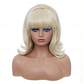 cheap Historical Wigs-Vintage Short Wavy White Silver Wig with Bang Retro Bouffant Beehive Wigs fits 80s Costume or Halloween Party