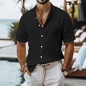 voordelige Vakantie-Voor heren Linnen overhemd Zomer overhemd Strand Kleding Overhemd met knopen Effen Casual Vakantie Zwart Wit Lichtgroen Blozend Roze Korte mouw Strijkijzer Zomer Kleding