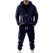 baratos Basic Tracksuits-Men's Hoodie Tracksuit Hoodie &amp; Pants Set Hoodie Daily Outdoor Vacation Daily Wear Drawstring Zip Up Plain Black Navy Blue Khaki Activewear Sports Fashion Fall
