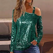 preiswerte Schicke Blusen-Damen Bluse Elegante Oberteile Pailletten-Oberteile Gerafft Pailletten Patchwork Einfarbig Einfach Elegant Vintage Stilvoll Langarm Asymmetrisch Normale Oberteile Täglich Arbeit Ausgehen Blau Schwarz