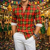 economico Geometrica-Carnevale Per uomo Grafico Plaid Camicia Camicia button-down Camicia da Spiaggia Manica Lunga Hawaiano Casual Confortevole Vacanza Ferie Martedì grasso Estate Primavera Collo ripiegato Stampa Rosso 1