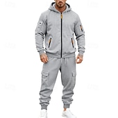 baratos Basic Tracksuits-Men's Hoodie Tracksuit Hoodie &amp; Pants Set Hoodie Daily Outdoor Vacation Daily Wear Drawstring Zip Up Plain Black Navy Blue Khaki Activewear Sports Fashion Fall