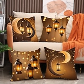 cheap Throw Pillows,Inserts &amp; Covers-Ramadan Eid Throw Pillow Cover, Gold Print Lantern &amp; Oil Lamp, Middle Eastern Festival Decor, Sofa Cushion for Living Room and Prayer Room, Seat Pillow