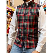 Men's Vest Waistcoat Gilet Casual Outdoor Carnival Party Fashion Streetwear Spring Fall Buttons Polyester Breathability Plaid Single Breasted Stand Collar Regular Fit Green Vest