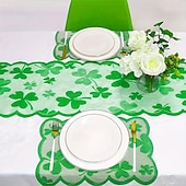 cheap St. Patrick's Day-5PCS St. Patrick's Day Table Placemats &amp; Table Runner Set, Green Shamrock Lace Embroidery, Feather-Free, No Power Needed, Multi-Holiday Decor