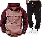 baratos moletons básicos-Homens Moletom Moletom com capuz e calças Conjunto Capuz Diário Ao ar livre Férias Roupa Diária Patchwork Bolsos Half Zip Bloco de cor Azul Vermelho Vinho Preto Roupas Esportivas Esportes Moda Outono