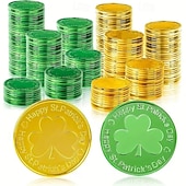 abordables Día de San Patricio-100 monedas de oro para el Día de San Patricio, monedas de la suerte de oro y verde, monedas de duende de trébol de plástico, moneda de trébol de 3 hojas para decoración de fiestas.
